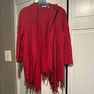 Zenergy By Chico’s Red Hooded Fringed Cardigan